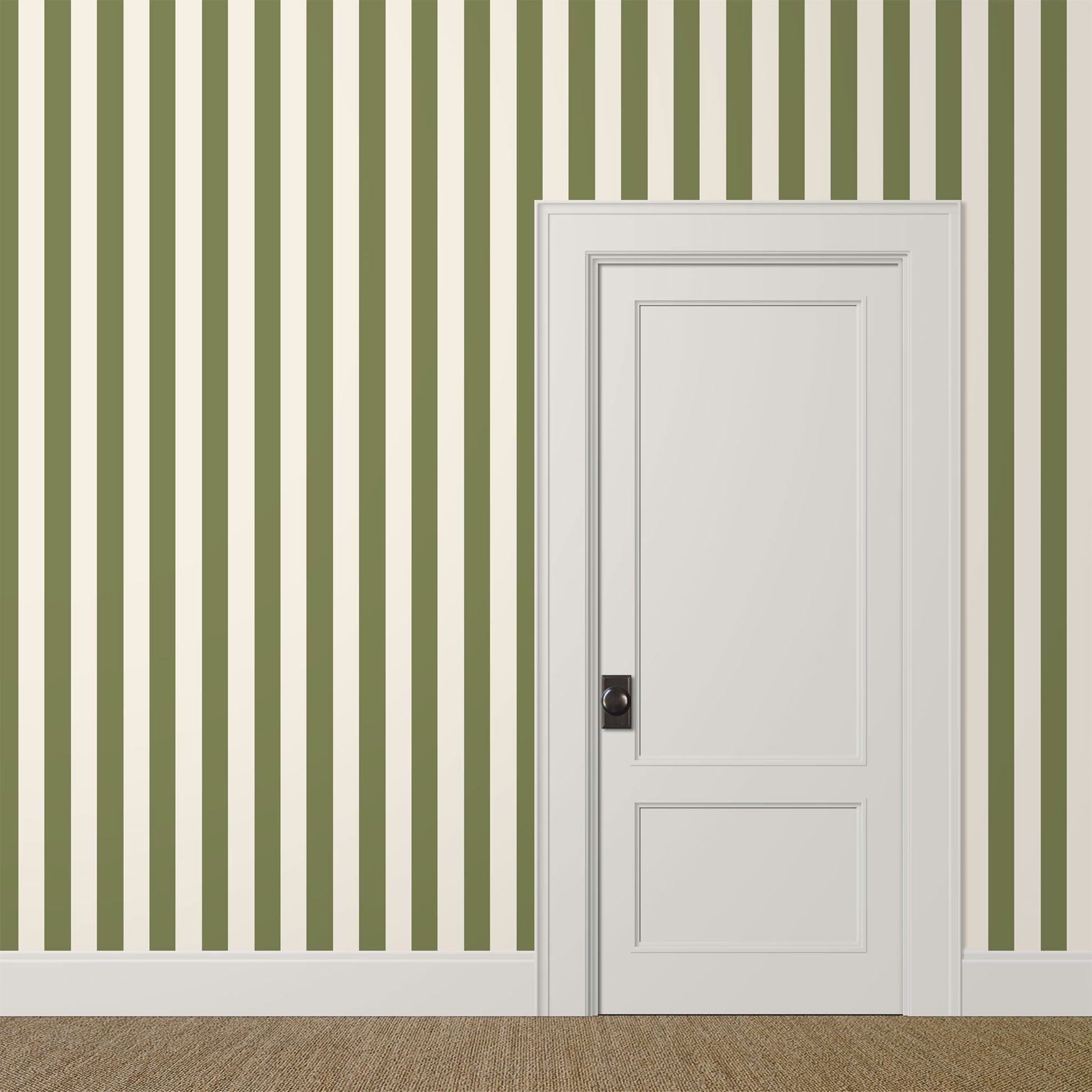 Olive green striped wallpaper with alternating myrtle and cream stripes in a bright, neutral living room interior